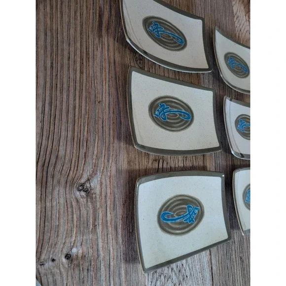 Vintage Style Sushi Plates Set of 6 Speckled Cream Blue Abstract Design - Picture 6 of 16